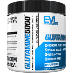 Evlution L-Glutamine powder label close-up highlights vegan sourcing.