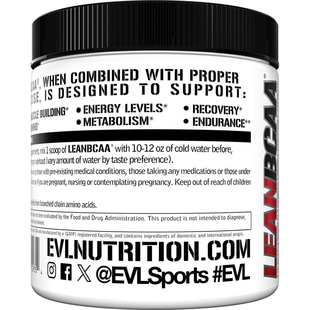 Evlution Lean BCAA Powder label highlights CLA and L-carnitine.