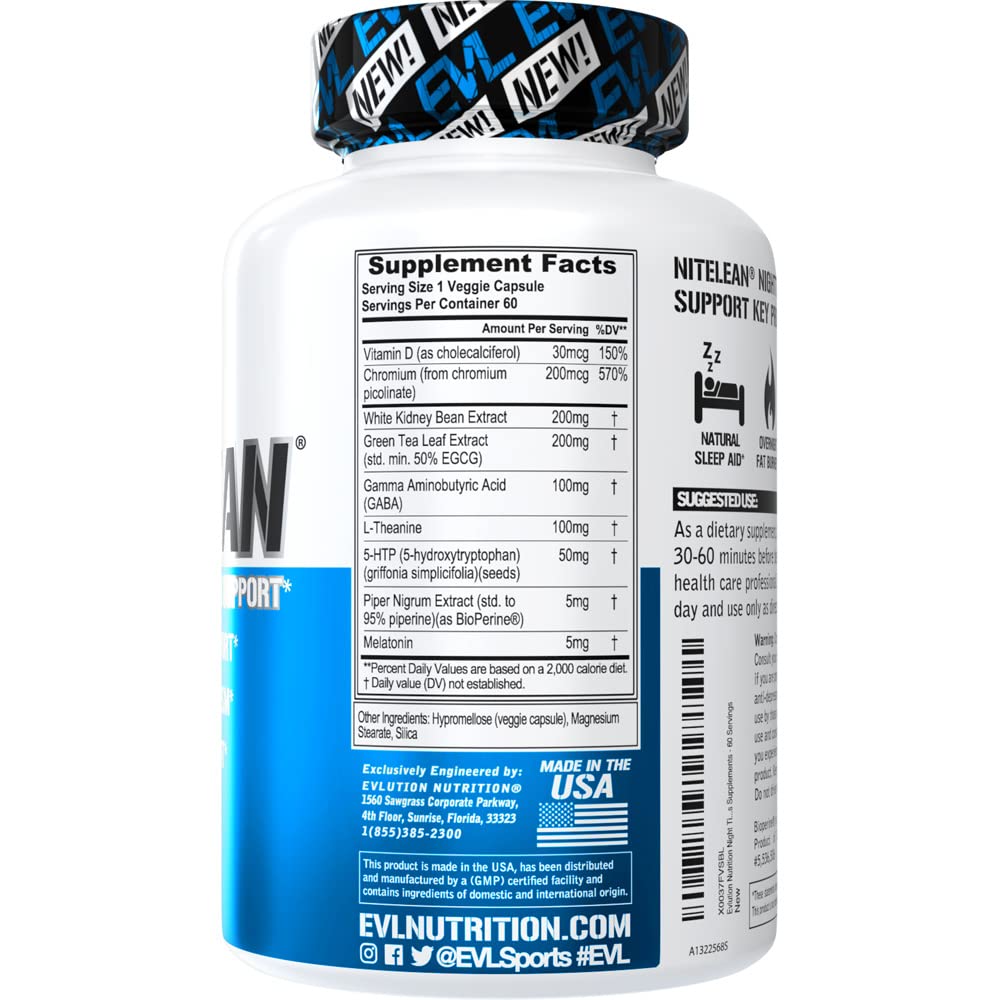 Evlution Night Time Fat Burner label close-up showing key ingredients.