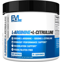 Evlution Nutrition L-Arginine + L-Citrulline bottle closeup highlights nitric oxide support.