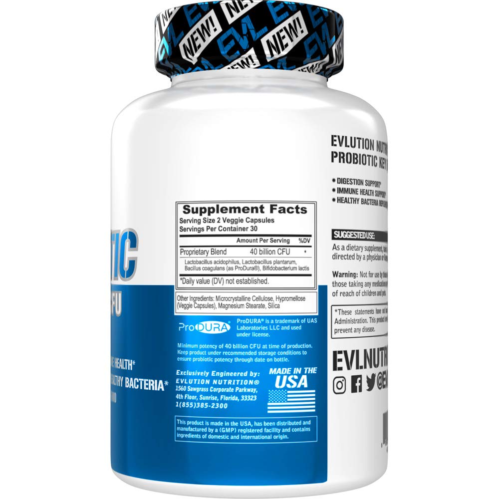Label closeup of EVL Probiotic highlighting quality ingredients