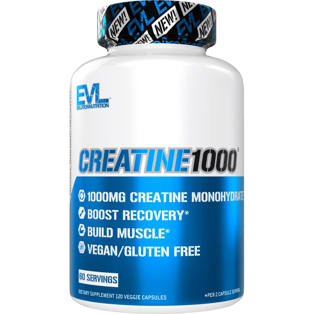 Evlution Pure Creatine Monohydrate Capsules 1000mg bottle pour supports consistent training sessions