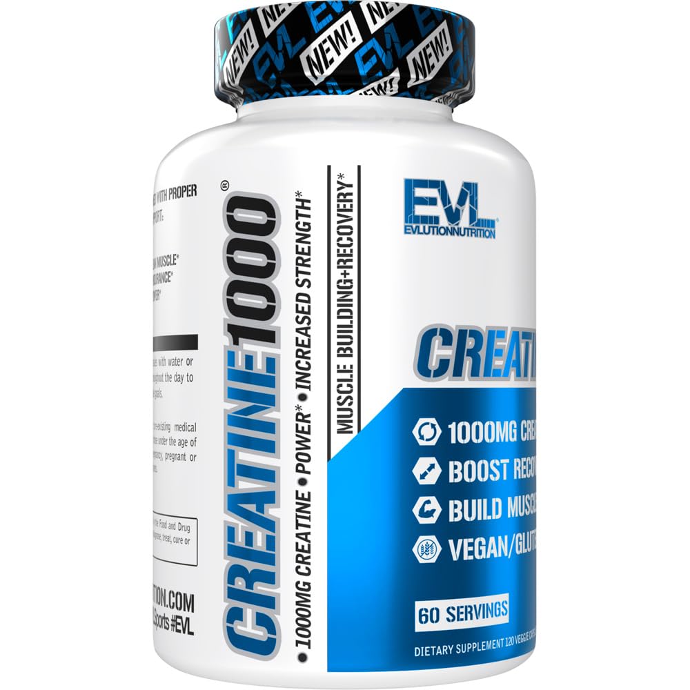 Evlution muscle support with creatine capsules on shelf promotes potential gains