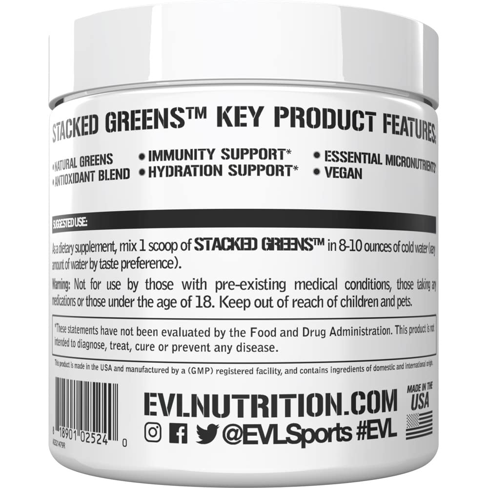 Label emphasizes raw greens and micronutrient blend in EVLution Stacked Greens.