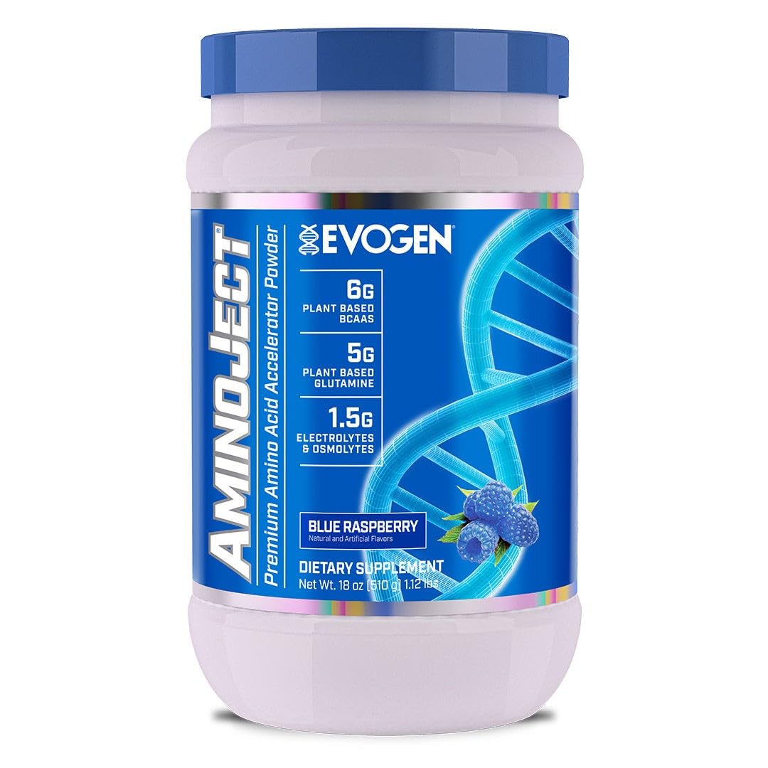 Evogen AminoJect blue raspberry powder bottle for post-workout recovery and endurance.
