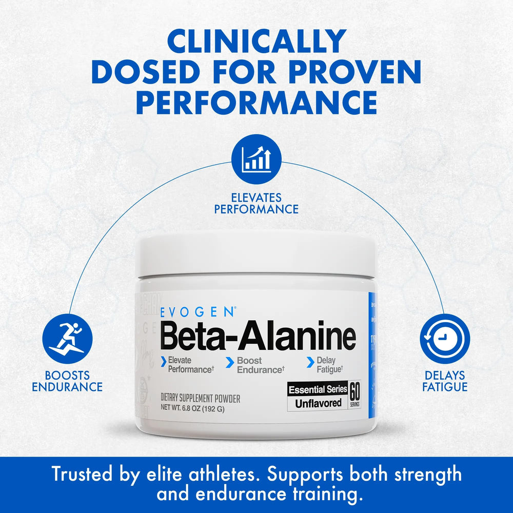 Evogen Beta-Alanine label closeup showing unflavored formula for versatile mixing.