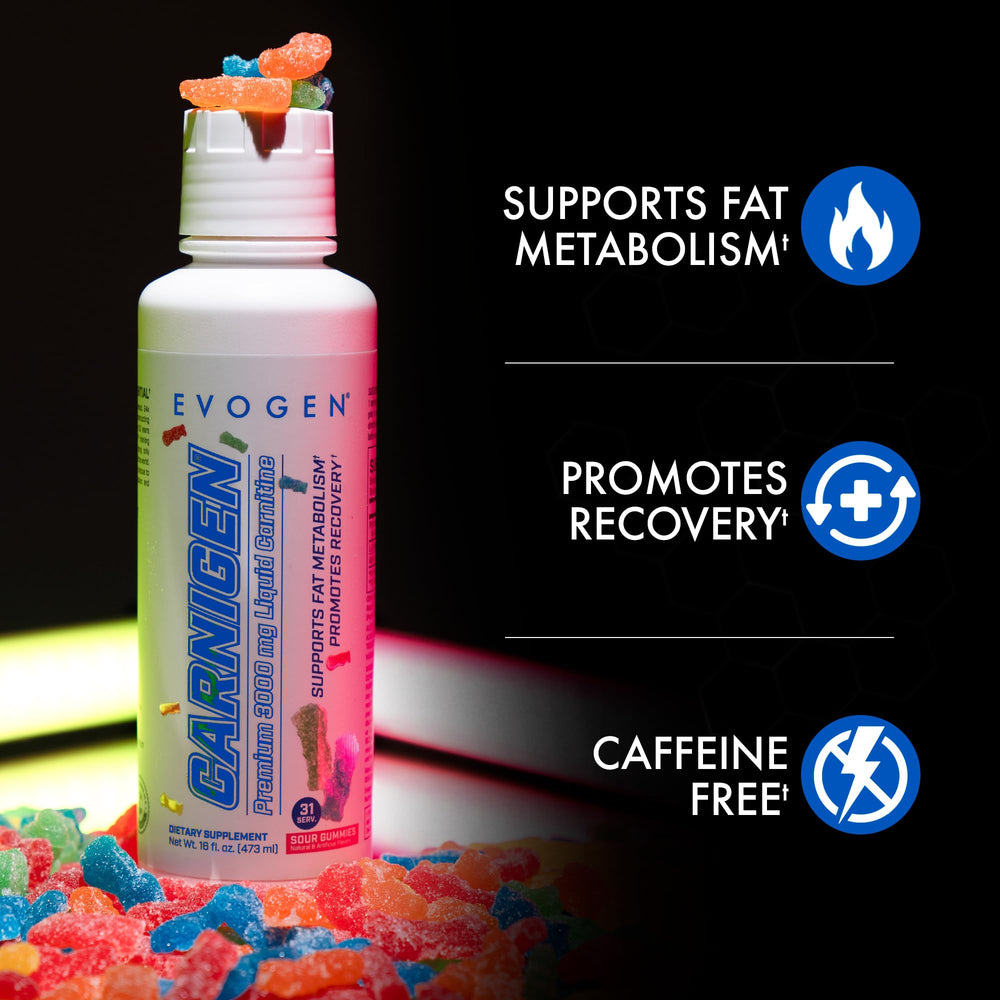 Evogen Carnigen liquid gummies close-up highlights tangy sour texture.