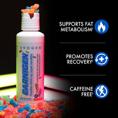 Evogen Carnigen liquid gummies close-up highlights tangy sour texture.