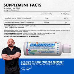 Label view of Evogen Carnigen Liquid with L-Carnitine 3000 matrix.