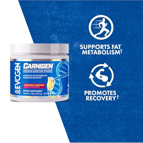 Evogen Carnigen powder with scoop highlights easy daily use for energy and recovery