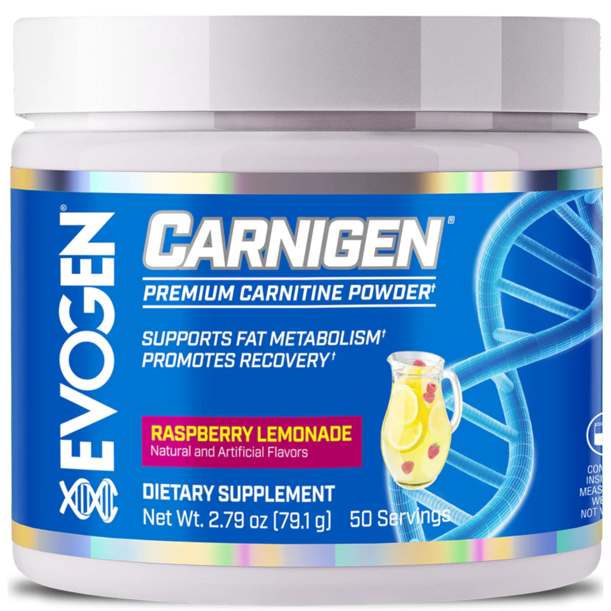 Evogen Carnigen Raspberry Lemonade bottle demonstrates stimulant-free fat metabolism support for workouts
