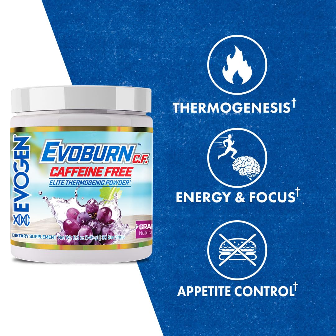 Evogen Evoburn caffeine-free capsules closeup reveals premium ingredients and clean energy.