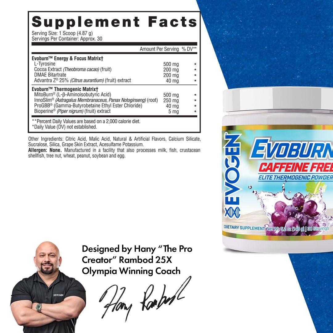 Evogen Evoburn caffeine-free label highlighting MitoBurn and InnoSlim for metabolism support.