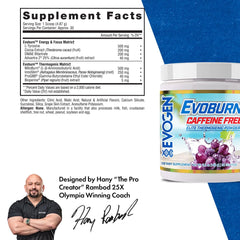 Evogen Evoburn caffeine-free label highlighting MitoBurn and InnoSlim for metabolism support.