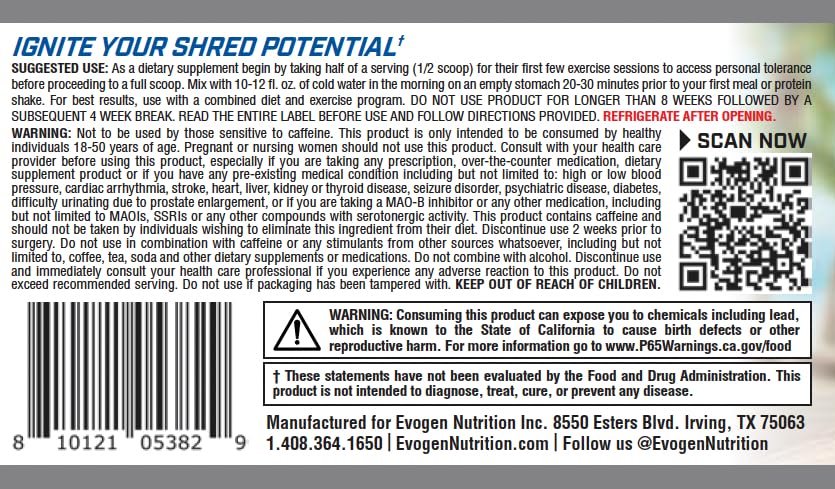 Evogen Evoburn label closeup highlights premium ingredients and flavor profile.