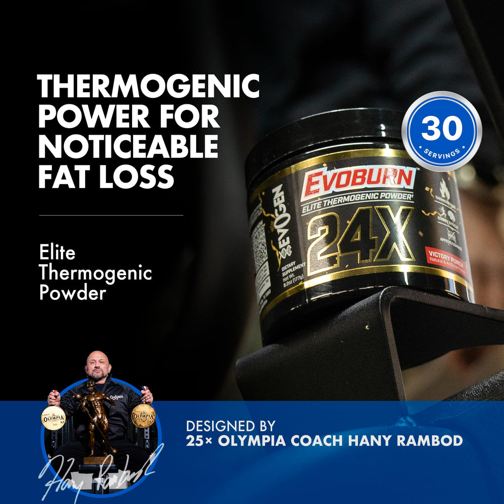 Evogen Evoburn label detail shows key ingredients like MitoBurn and BioPerine.