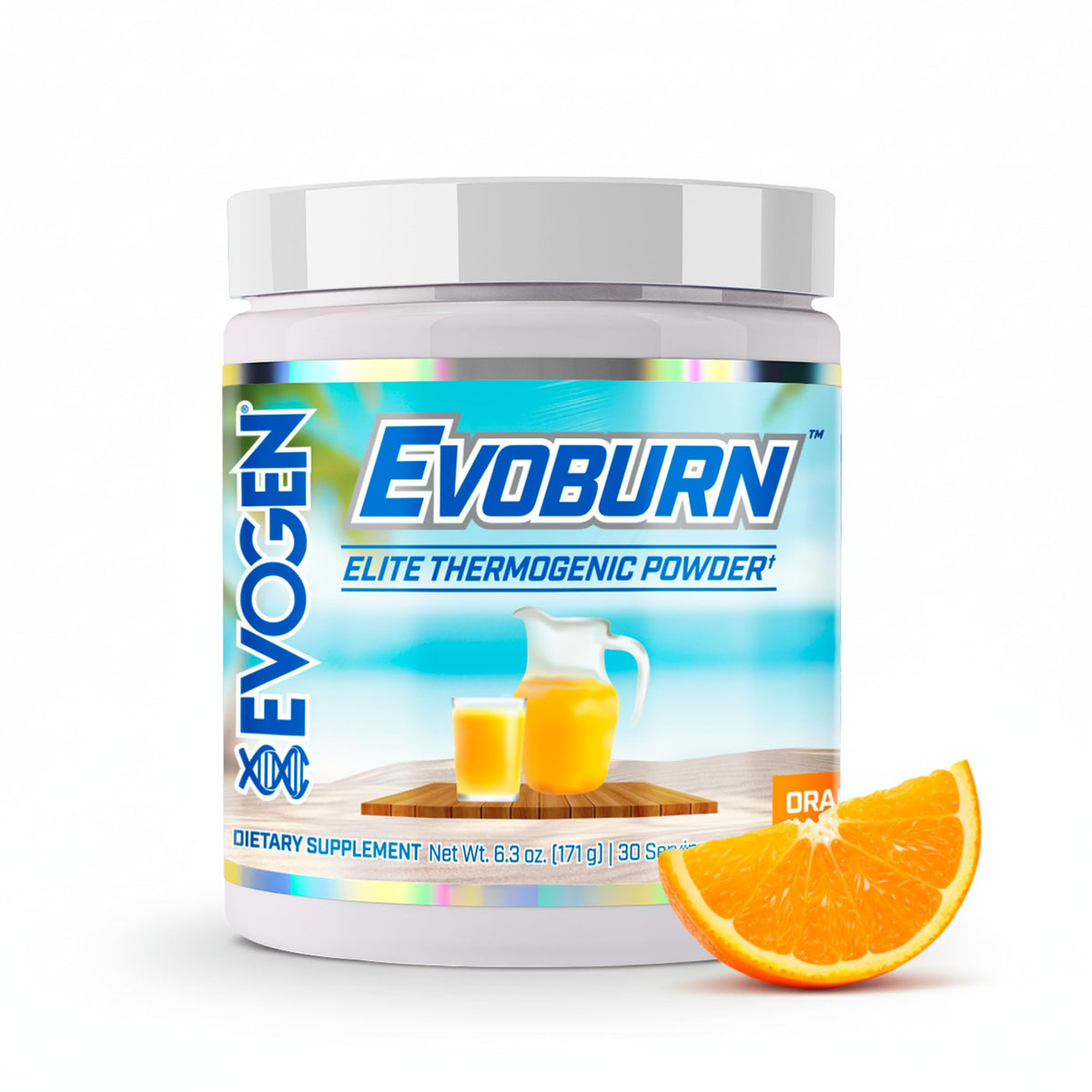 Evogen Evoburn orange sunrise tub ready for energizing workouts.