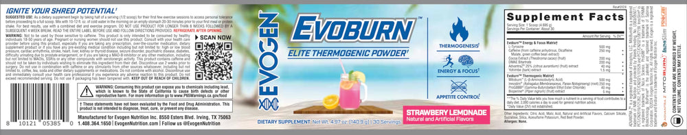 Evogen Evoburn serving size label for accurate dosing.