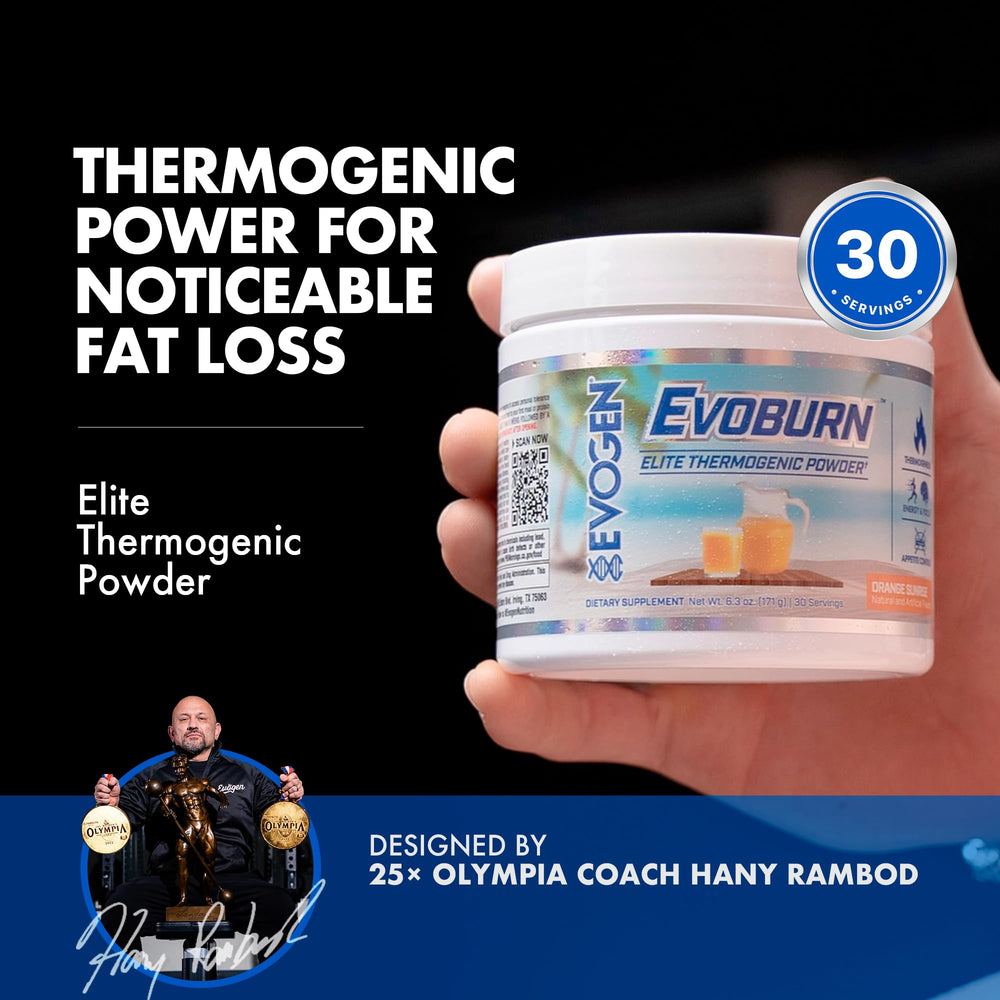 Evogen Evoburn front-view tub emphasizes bold packaging and Orange Sunrise flavor.