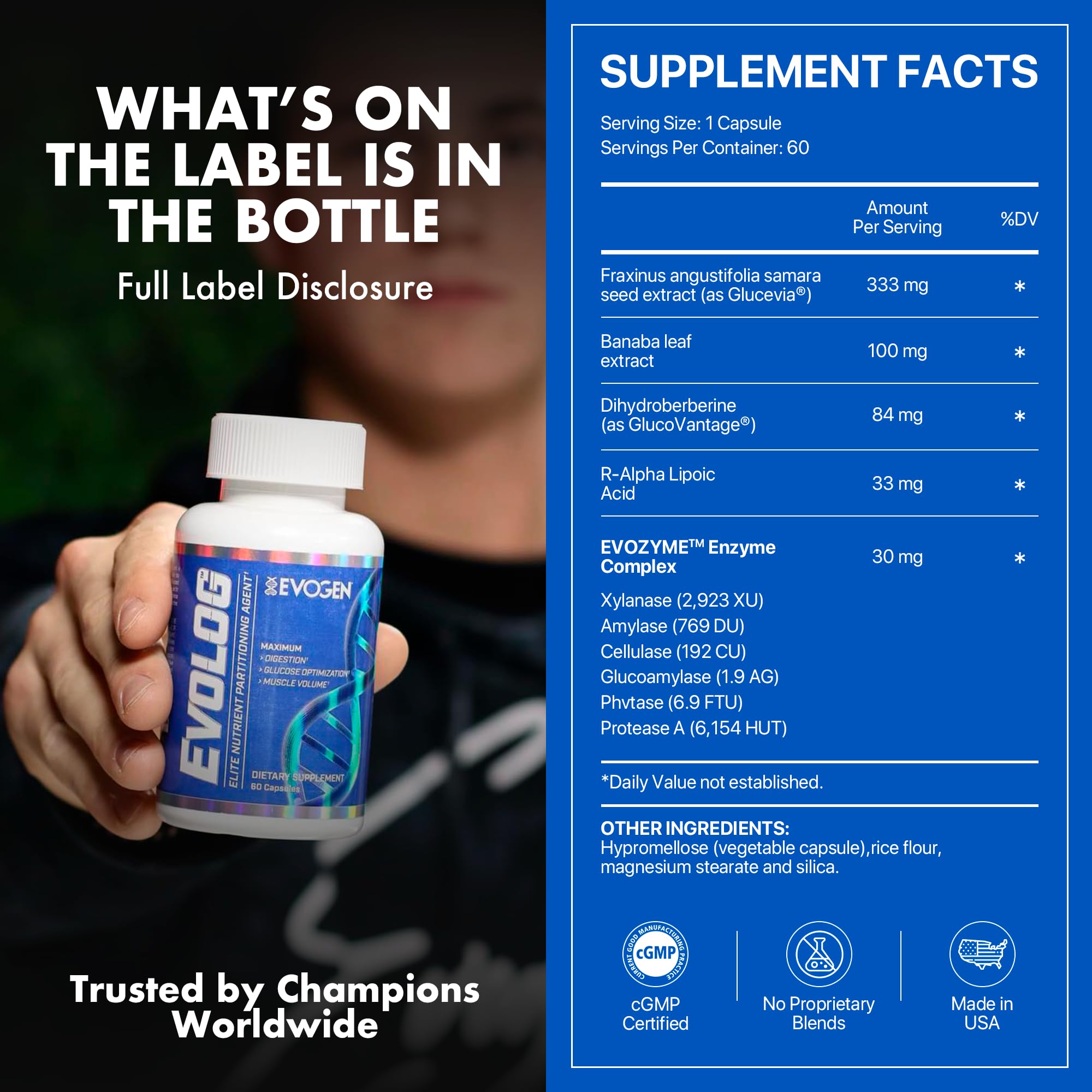 Evogen Evolog label close-up highlighting digestive enzyme complex.