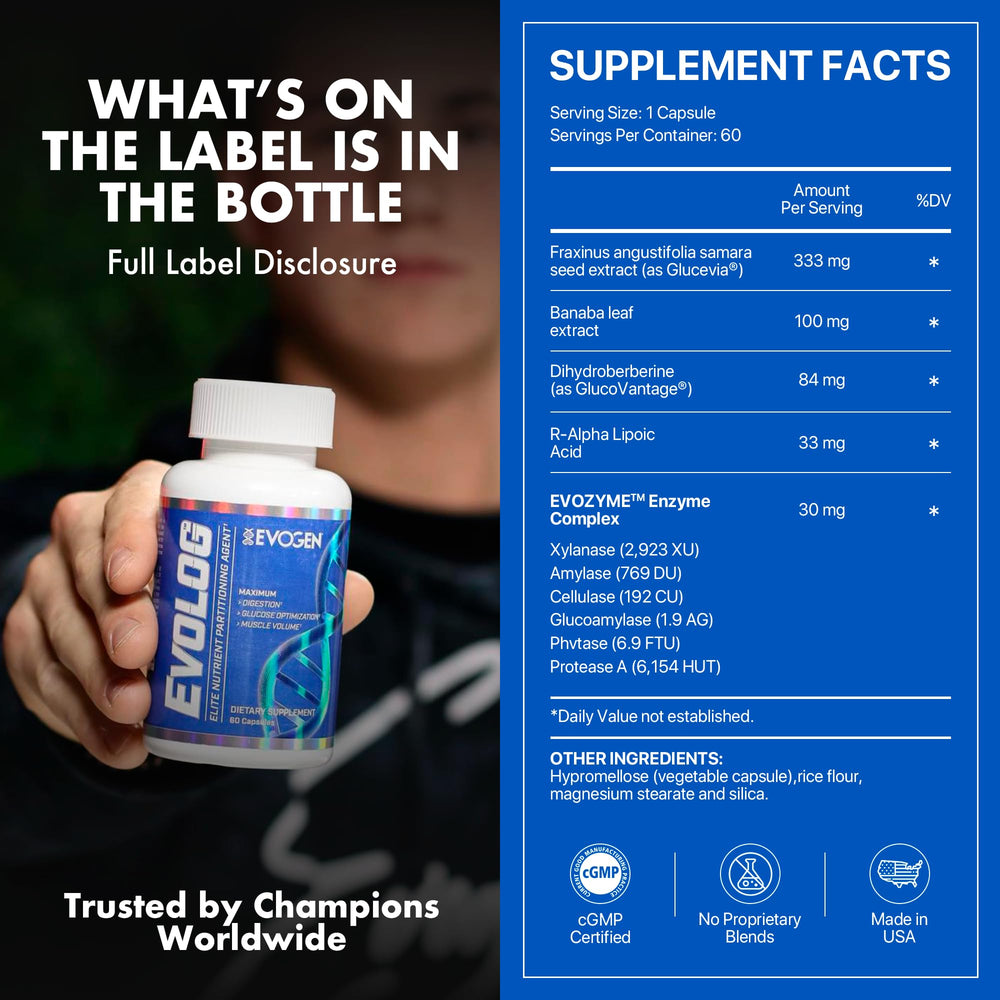 Evogen Evolog label close-up highlighting digestive enzyme complex.