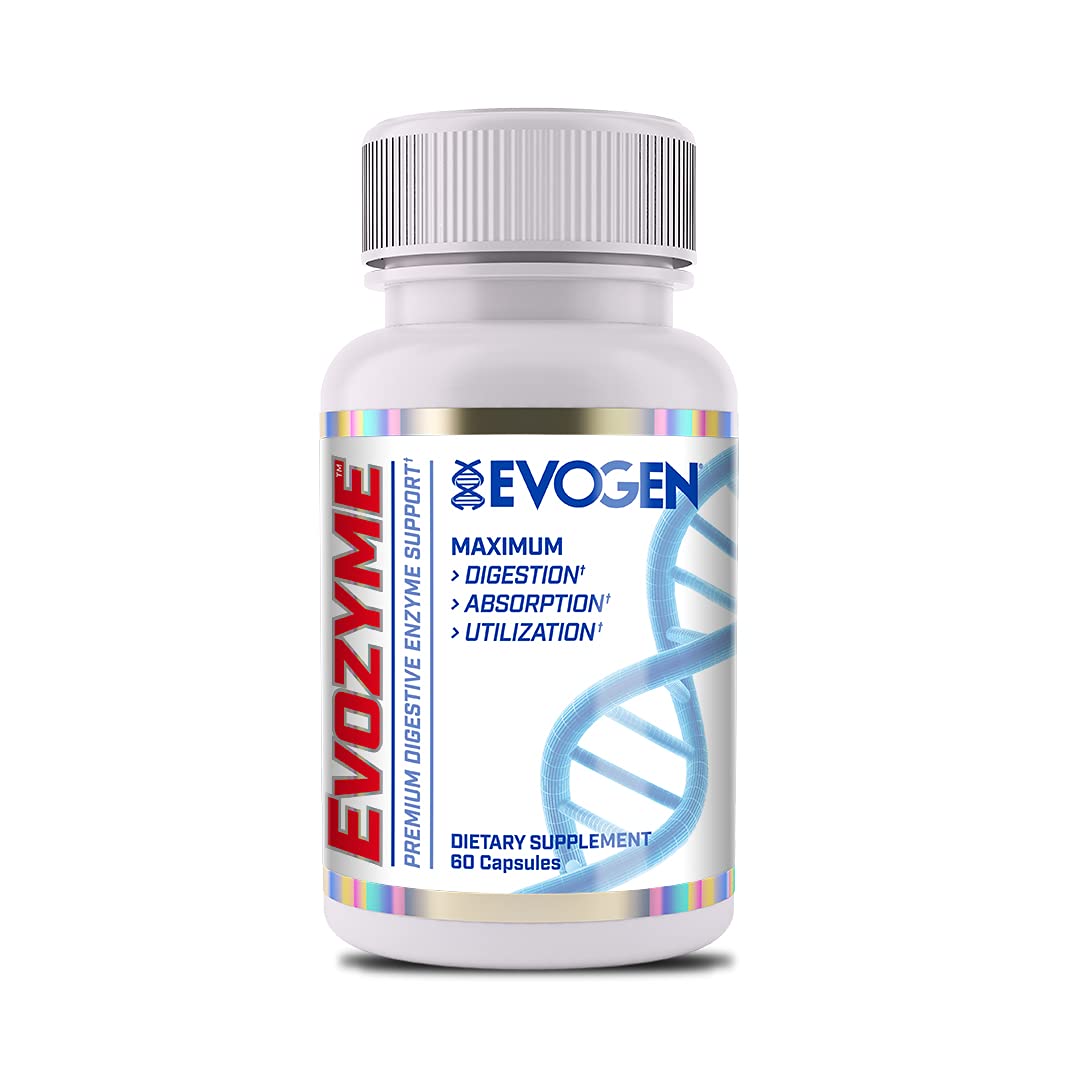 Evogen Evozyme bottle closeup showing premium digestive enzyme support for athletes during meals