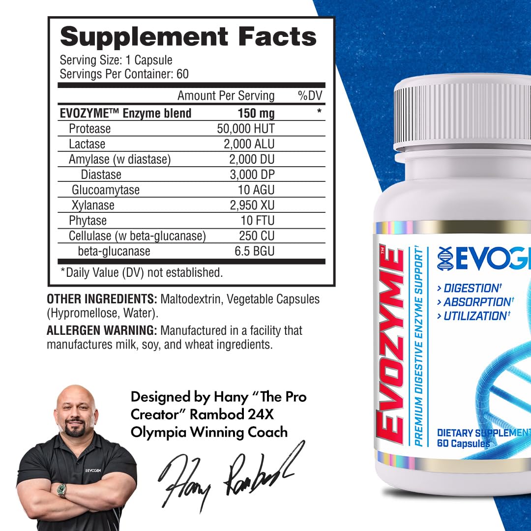 Evogen Evozyme label detail highlighting protease and lactase enzymes