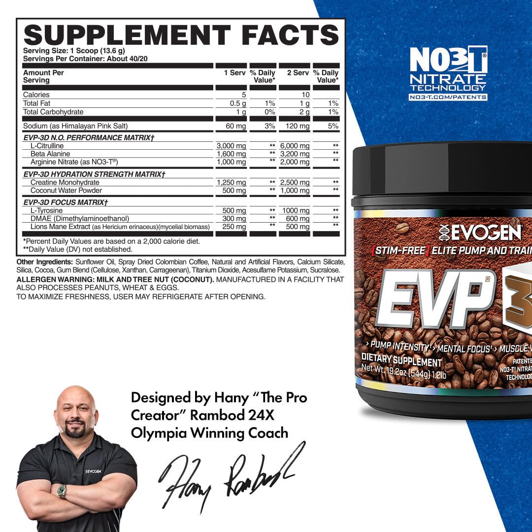 Evogen EVP 3D Iced Mocha shaker display demonstrates stimulant-free pre-workout choice