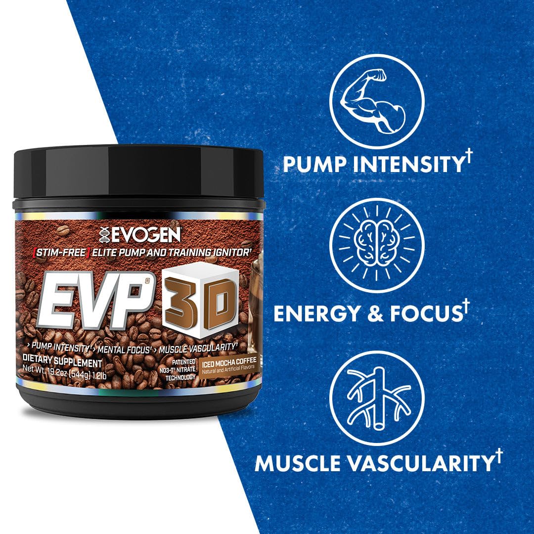 Evogen EVP 3D Iced Mocha tub front shows premium formula for extreme pumps