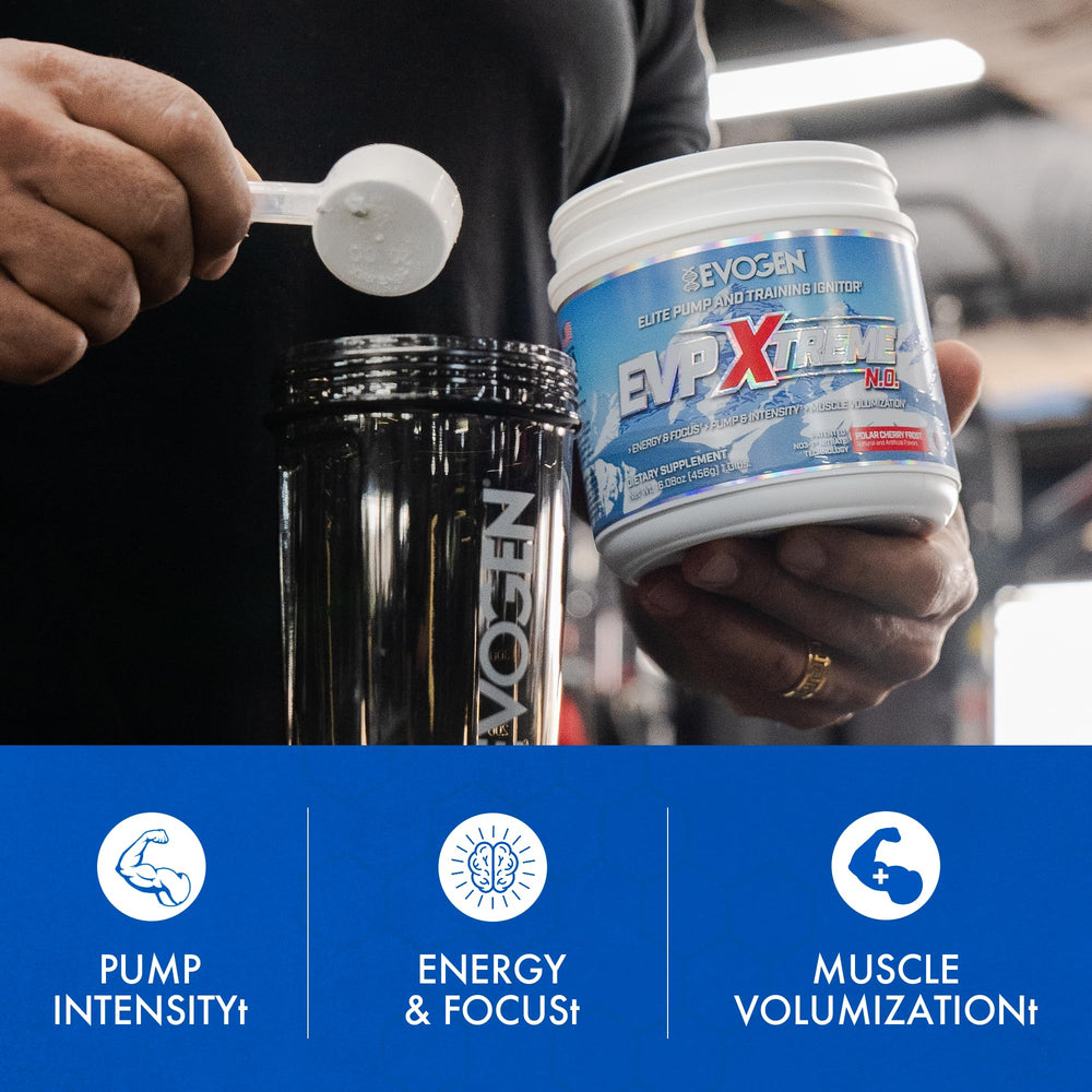 Evogen EVP Extreme NO creatine hydration blend promotes muscle volume during sets.