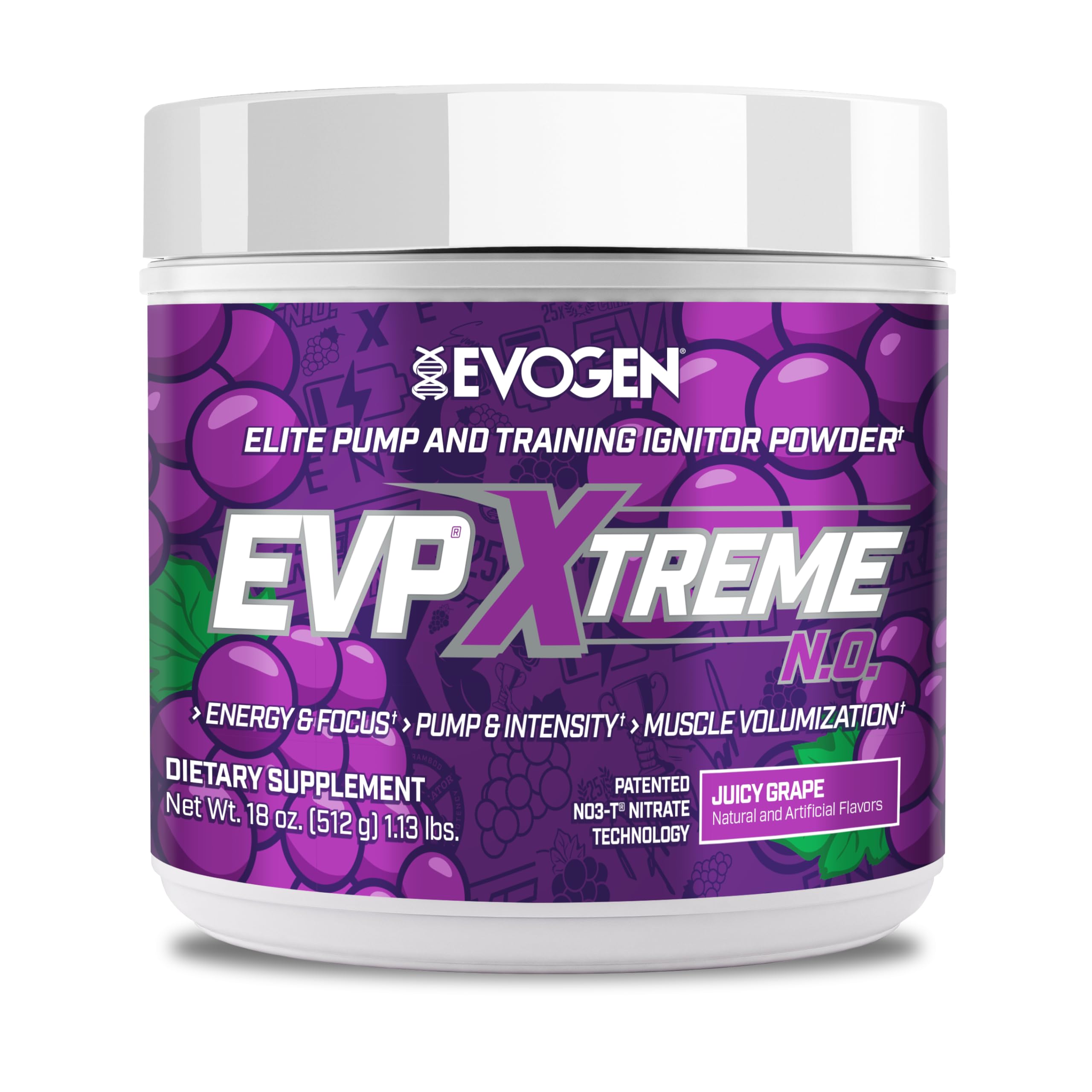 Evogen EVP Xtreme NO bottle pour highlights Juicy Grape flavor for a refreshing pre-workout boost.