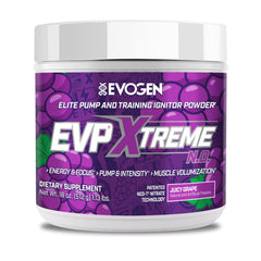Evogen EVP Xtreme NO bottle pour highlights Juicy Grape flavor for a refreshing pre-workout boost.
