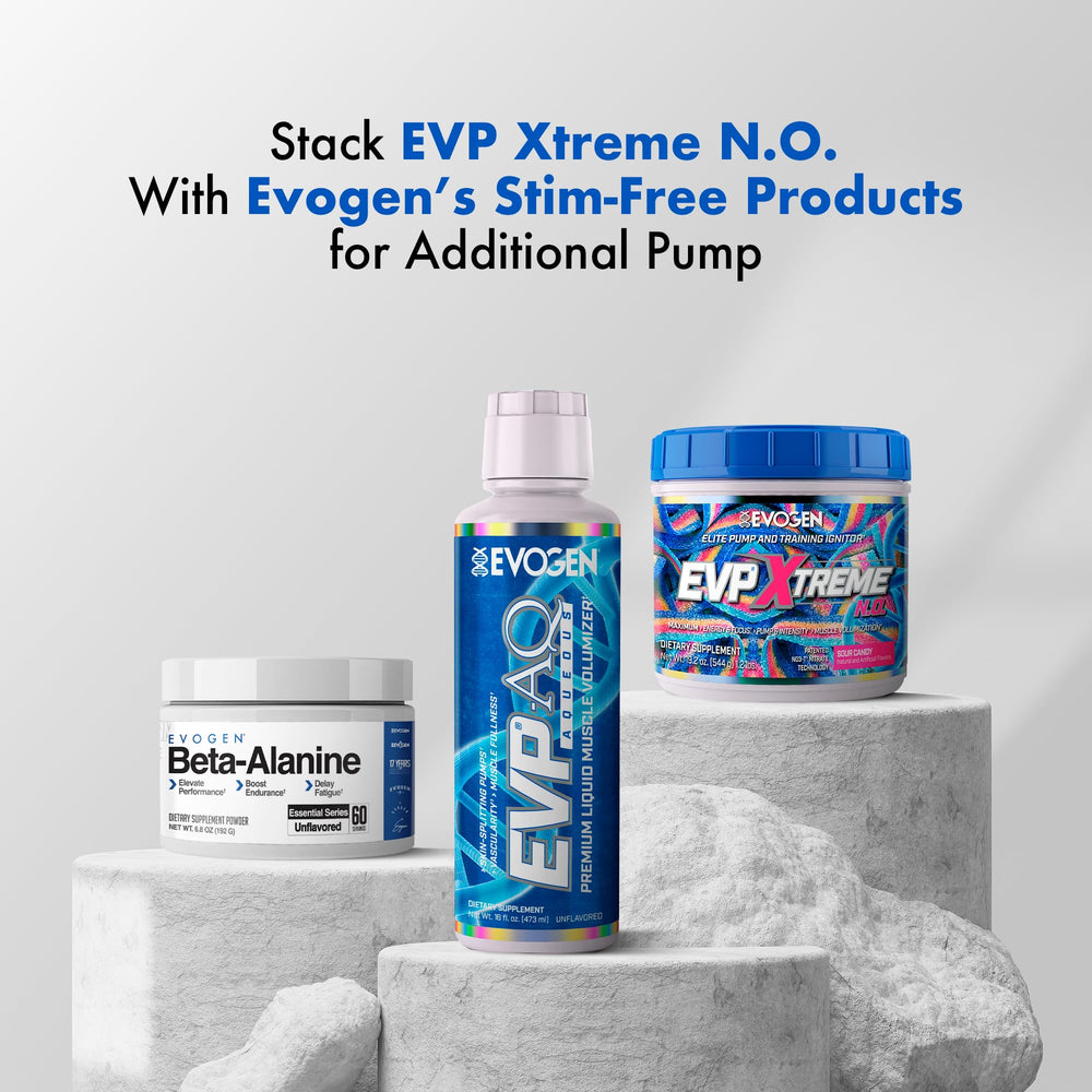 Ingredient list on Evogen EVP Xtreme NO bottle shows creatine and beta-alanine.
