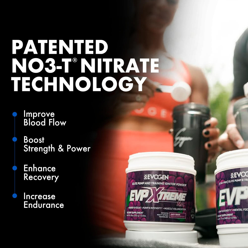 Evogen EVP Xtreme NO Juicy Grape label displays flavor and sugar-free formula.