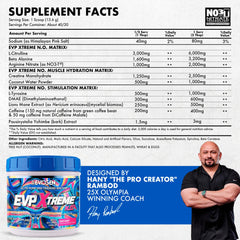 Close-up of Evogen EVP Xtreme NO label highlighting the sugar-free formula.