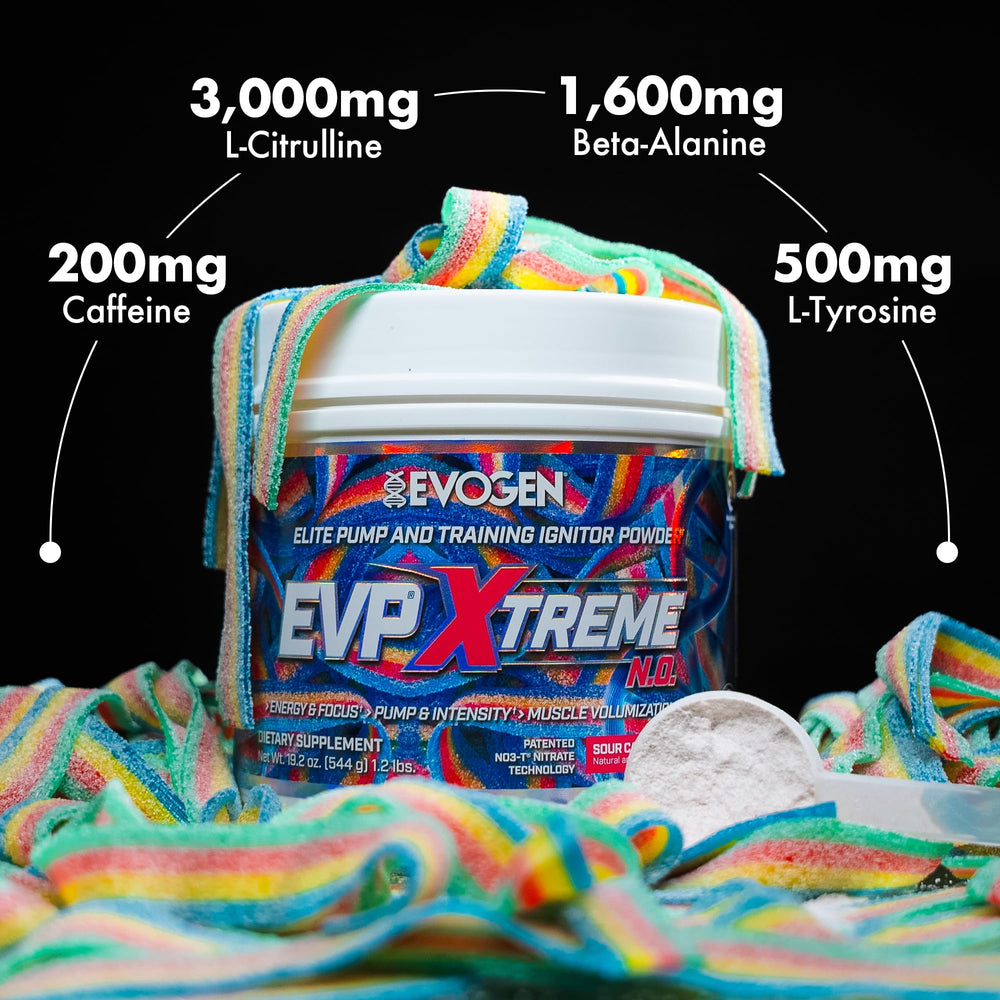 Evogen EVP Xtreme NO Sour Candy flavor packaging on display.