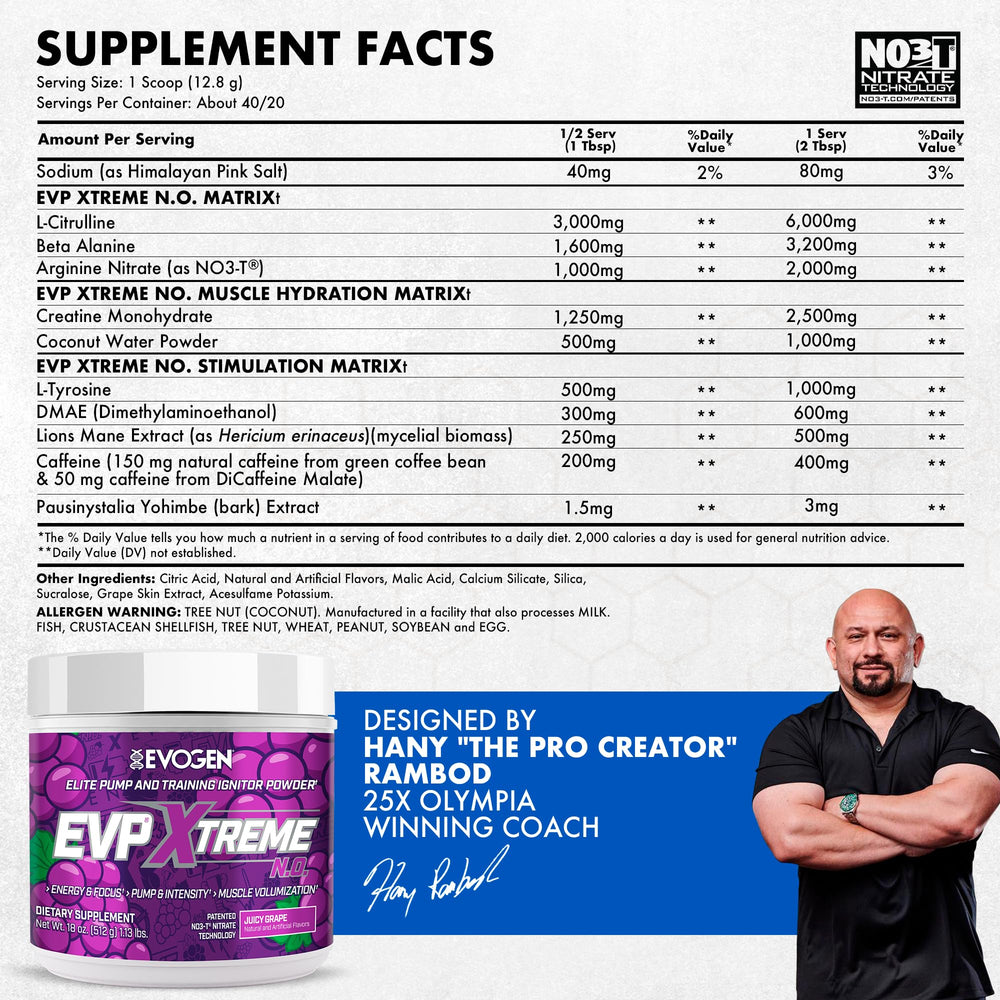 Evogen EVP Xtreme NO serving scoop showcases powder quality for consistent dosing.