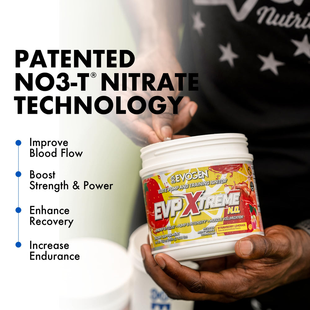 Close-up of EVP Xtreme NO tub label with NO3-T and citrulline for vascular support.