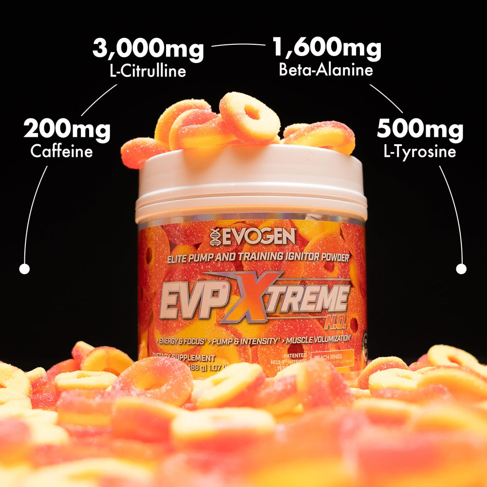 Canister of Evogen EVP Xtreme NO showing arginine nitrate and nitric oxide blend.