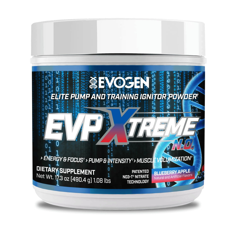 Evogen EVP Xtreme NO blueberry-apple bottle for an energetic pre-workout session.