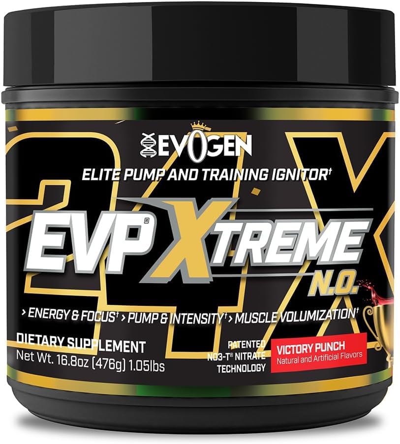Evogen EVP Xtreme NO bottle pour shows quick workout energy and pump potential.