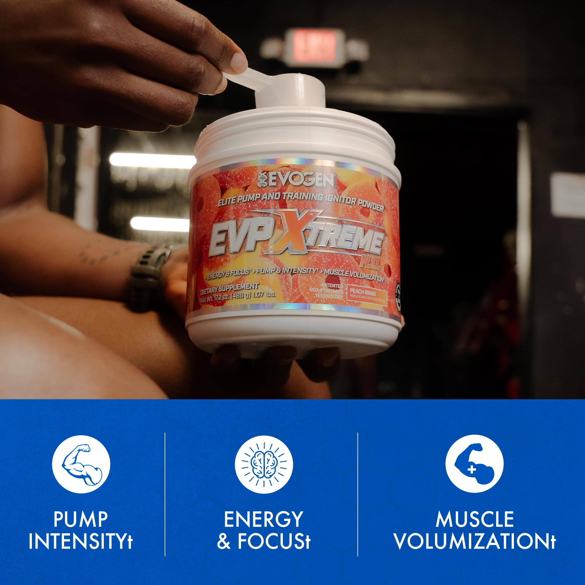 Shaker containing Evogen EVP Xtreme NO mixture for pre‑workout energy and focus.