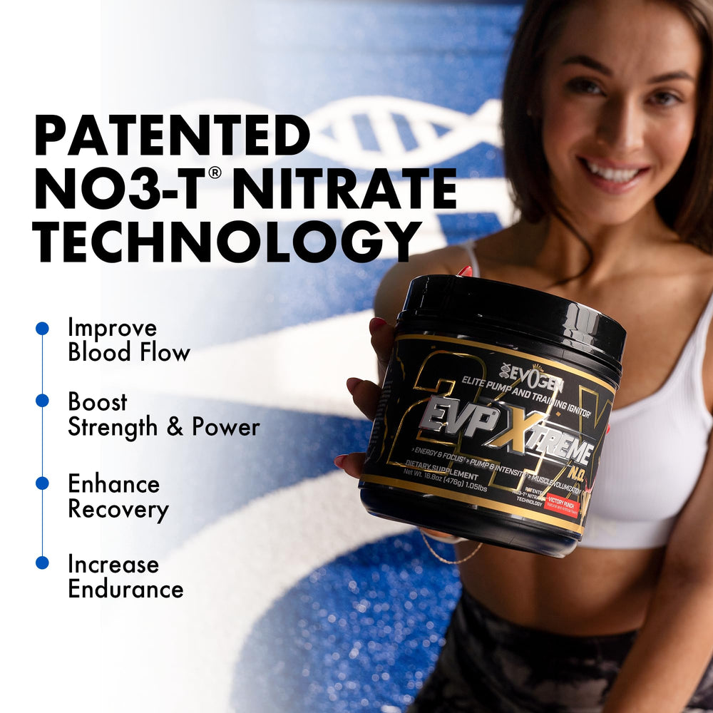 Close-up of Evogen EVP Xtreme NO label highlighting a sugar-free formula.