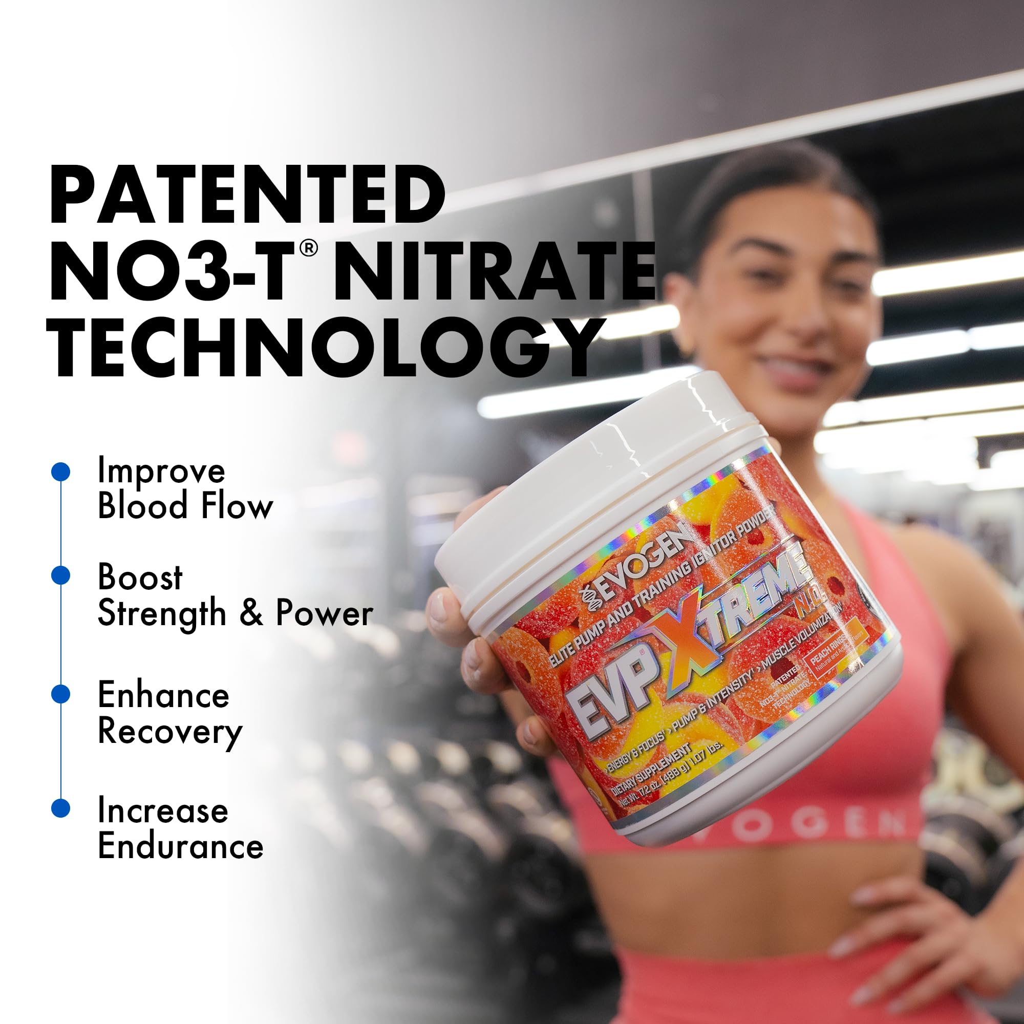 Close-up of Evogen EVP Xtreme NO peach rings flavor powder ready to power workouts.
