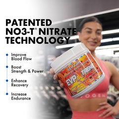 Close-up of Evogen EVP Xtreme NO peach rings flavor powder ready to power workouts.