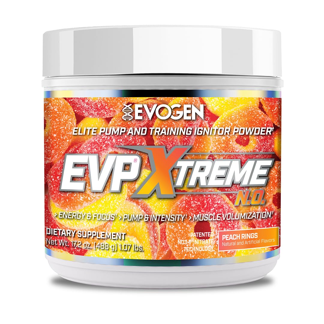 Evogen EVP Xtreme NO powder can with peach rings flavor ready for intense workouts.