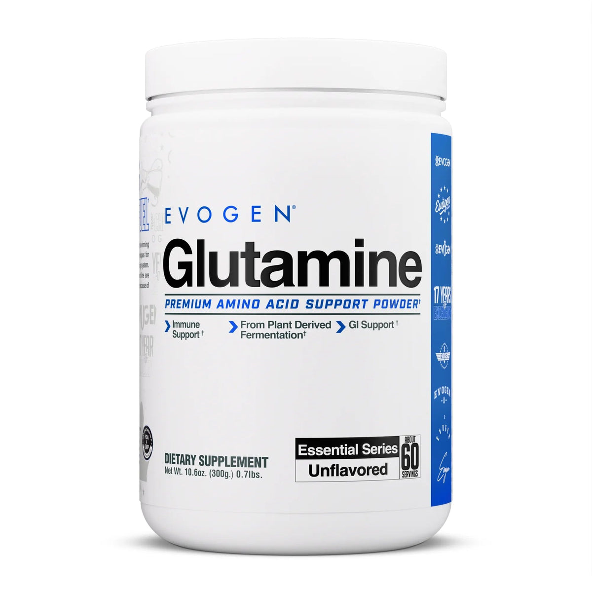 Evogen Glutamine bottle front showing recovery-focused supplement use.