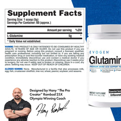 Evogen Glutamine powder with scoop showing 5 g serving for post-workout use.