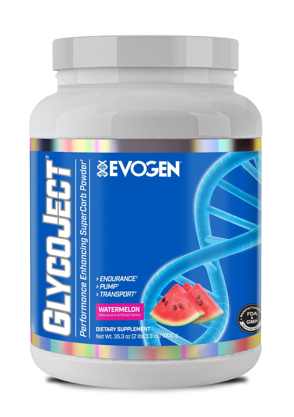 Evogen GlycoJect Watermelon container showing preworkout endurance support.