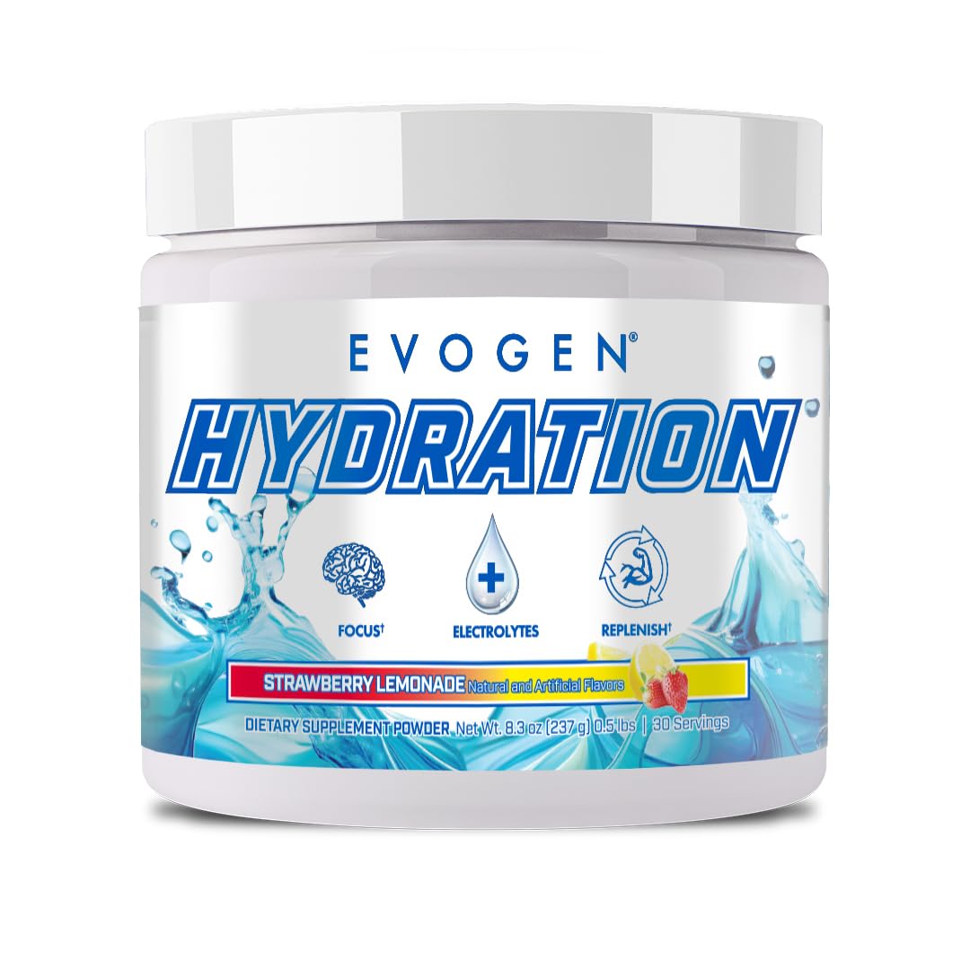 Evogen Hydration tub front displaying workout-ready electrolyte powder